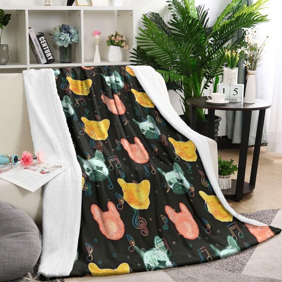 Music Bulldog Blanket,Comfortable Soft Flannel Throw Blanket,All Season,Warm Lightweight Blankets for Sofa Bed Couch Living Room Chair,60"x80"(150x200cm)