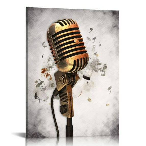 Music Canvas Wall Art Microphone Painting Prints Flying Music Note Pictures for Bedroom Wall Decor Framed Ready to Hang