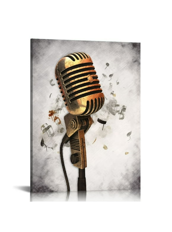 Music Canvas Wall Art Microphone Painting Prints Flying Music Note Pictures for Bedroom Wall Decor Framed Ready to Hang