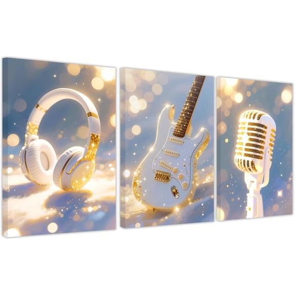 Music Canvas Wall Art Posters with Guitar Headphones Watercolor Aesthetic Prints for Bedroom Dorm Studio Wall Decor Unframed Canvas Art 16x 12 inch