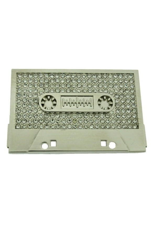 Music Cassette Player Tape Belt Buckle Old School 80's Fashion Era Hip Hop Silver Rhinestones Retro Metal Goth