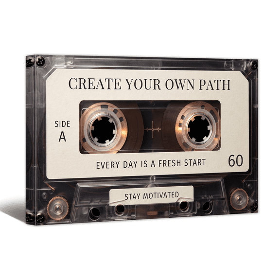 Music Cassette Tape Canvas Wall Art, Create Own Path Motivation Prints Retro Inspirational Quote Artwork Paintings for Living Room Bedroom Home Office Decor