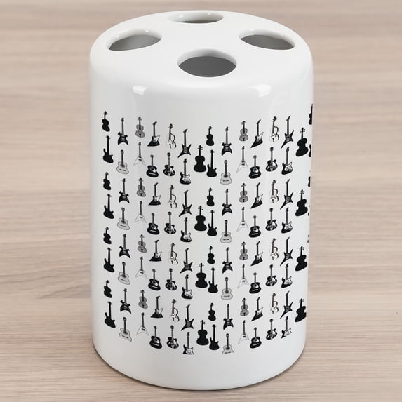 Music Ceramic Toothbrush Holder, Monochrome Strings Various Types Acoustic and Electronic Guitar Cello Violin, Decorative Versatile Countertop for Bathroom, 4.5" X 2.7", Black White Grey