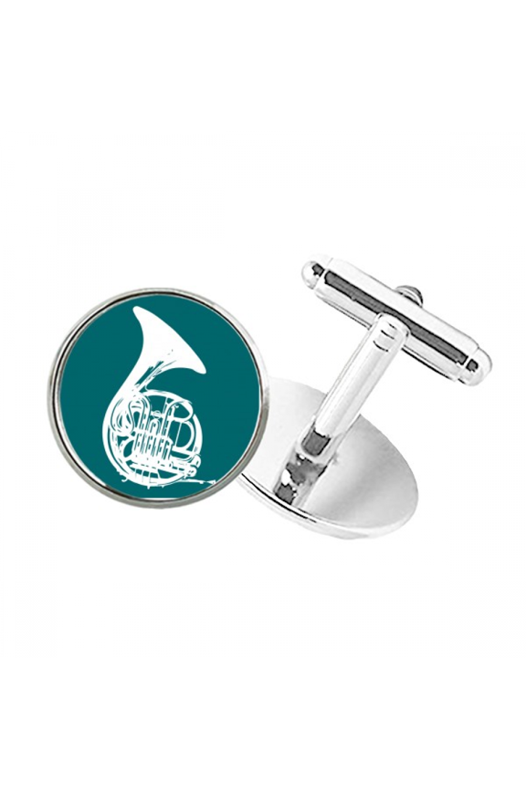Music Classical Instrument French Horn Round Button Cuff Clip Stud Cufflinks