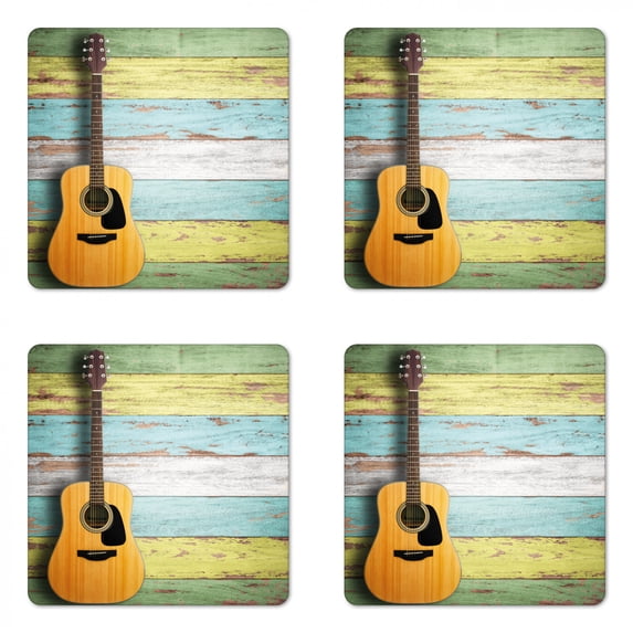 Music Coaster Set of 4, Acoustic Guitar on Colorful Painted Aged Wooden Planks Rustic Country Design Print, Square Hardboard Gloss Coasters, Standard Size, Multicolor, by Ambesonne