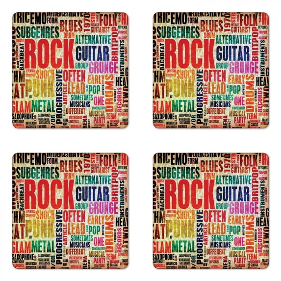 Music Coaster Set of 4, Retro Rock Roll Lettering Grunge Distressed Colors Back then Sound Music Theme, Square Hardboard Gloss Coasters, Standard Size, Multicolor, by Ambesonne