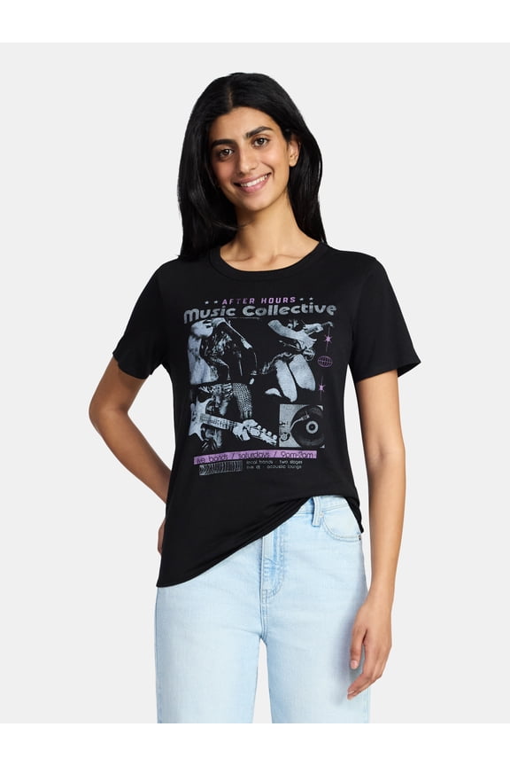 Music Collective Women's Graphic Everyday Tee with Short Sleeves, Sizes XXS-XXL