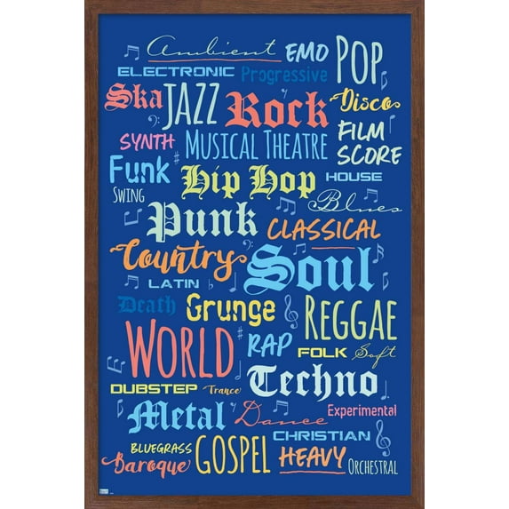 Music - Color Text Wall Poster, 14.725" x 22.375", Framed