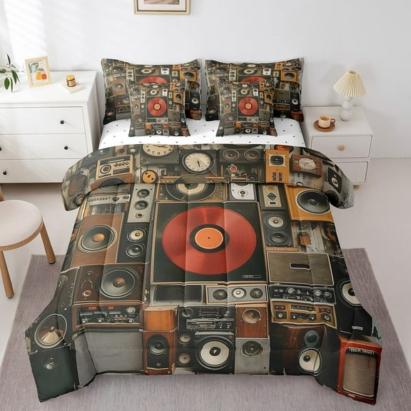 Music Comforter Black Musical Instrument Bed In A Bag Retro Pop Music Bedding Set 7 Pieces Twin Hippie Art Sheet Set