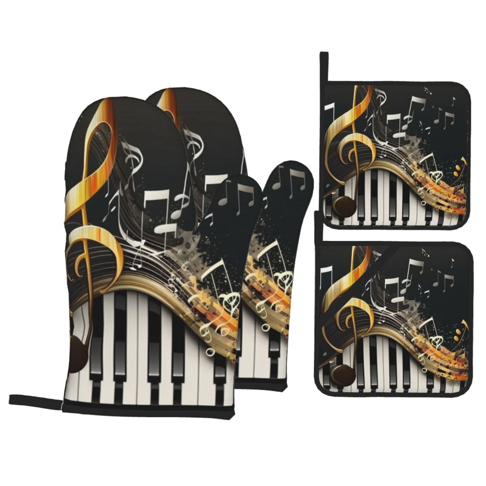 Music Cool Piano Vintage 4Pcs Oven Mitts and Pot Holders Sets Oven Kitchen Gloves Hot Pads for Cooking BBQ Baking Grilling