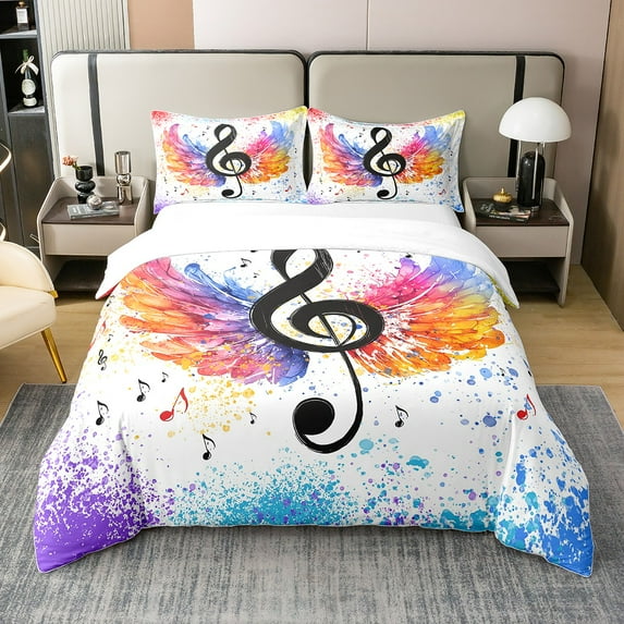 Music Cotton Duvet Cover King,Music Note Bedding Set,Music Decor Comforter Cover Bedding 3 Pieces (No Comforter),Watercolor Musical Graffiti Quilt Cover,2 Pillowcases