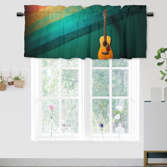 Music Curtain Valances for Kitchen Windows Guitar on Colorful Painted Aged Wooden Planks Rustic Country Privacy Decorative Rod Pocket Short Window Valance Curtains 54 by 18 in, 1 Panel