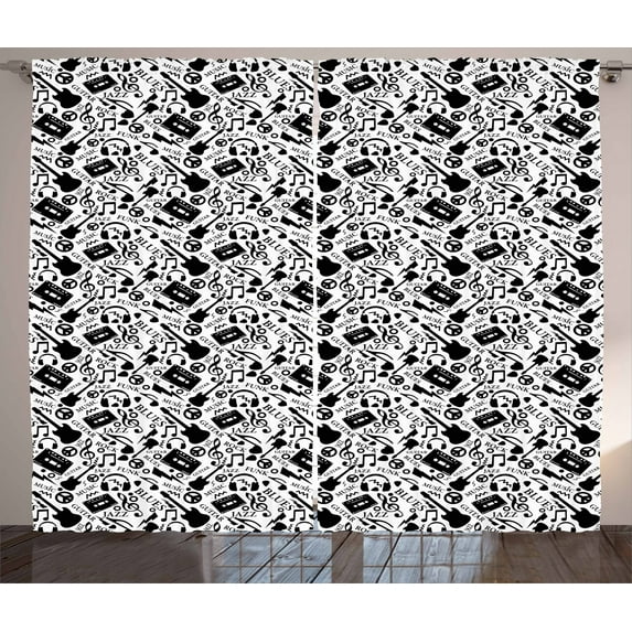Ambesonne Music Curtains 2 Panel Set, Blues Jazz Punk Rock Sign, 108" x 84", Black White