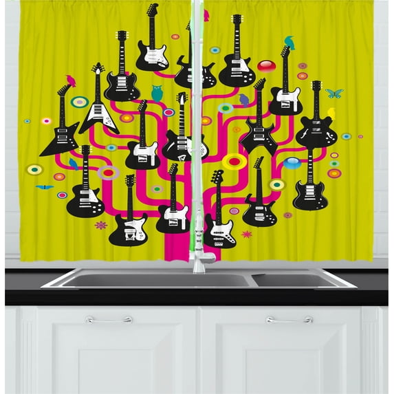 Music Curtains 2 Panels Set, Guitars for Rock Stars Above a Tree Plant Modern Geometric Design Print, Window Drapes for Living Room Bedroom, 55W X 39L Inches, Hot Pink Apple Green, by Ambesonne