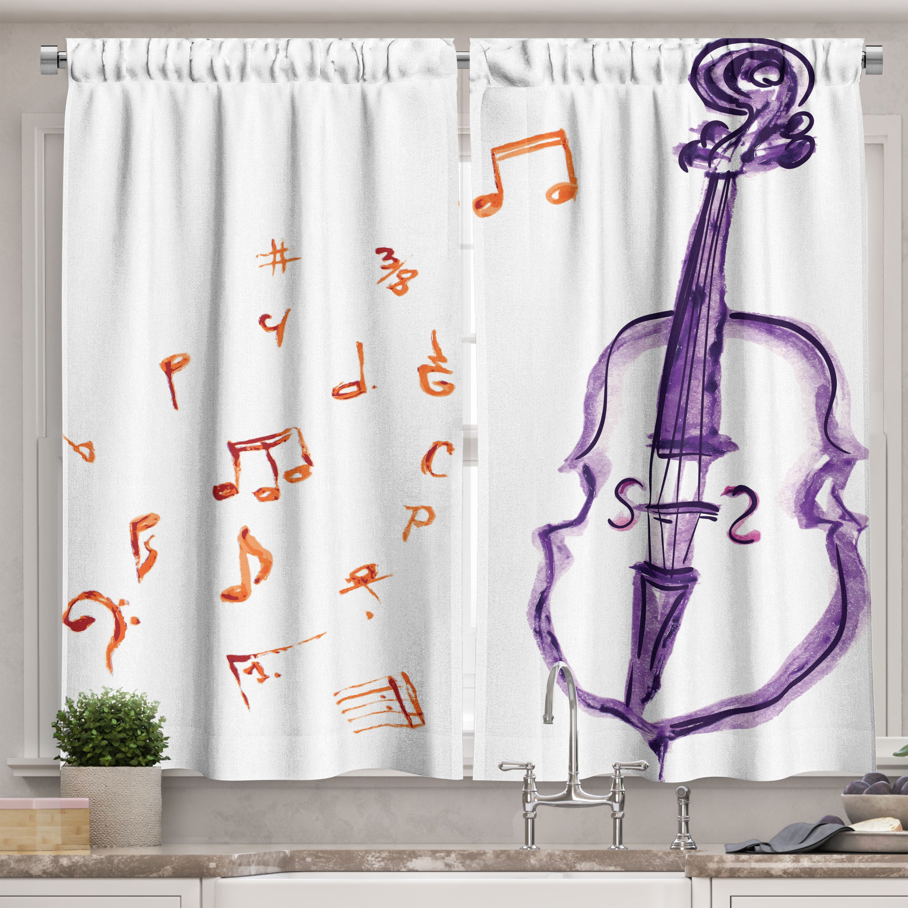 Music Curtains 2 Panels Set, Musical Notes Instrument Violin Cello in