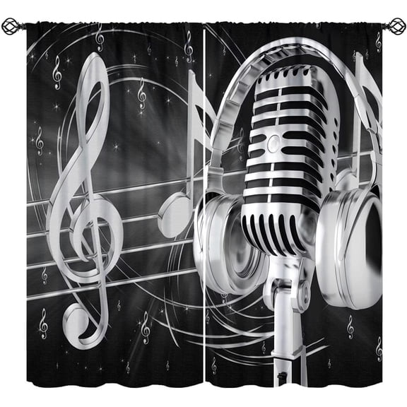 Music Curtains Black White Microphone Musical Notes Rustic Art Printed Rod Pocket Blackout Window Drapes for Living Room Kitchen Cafe Dcor W27.5xL39in 2 Panels