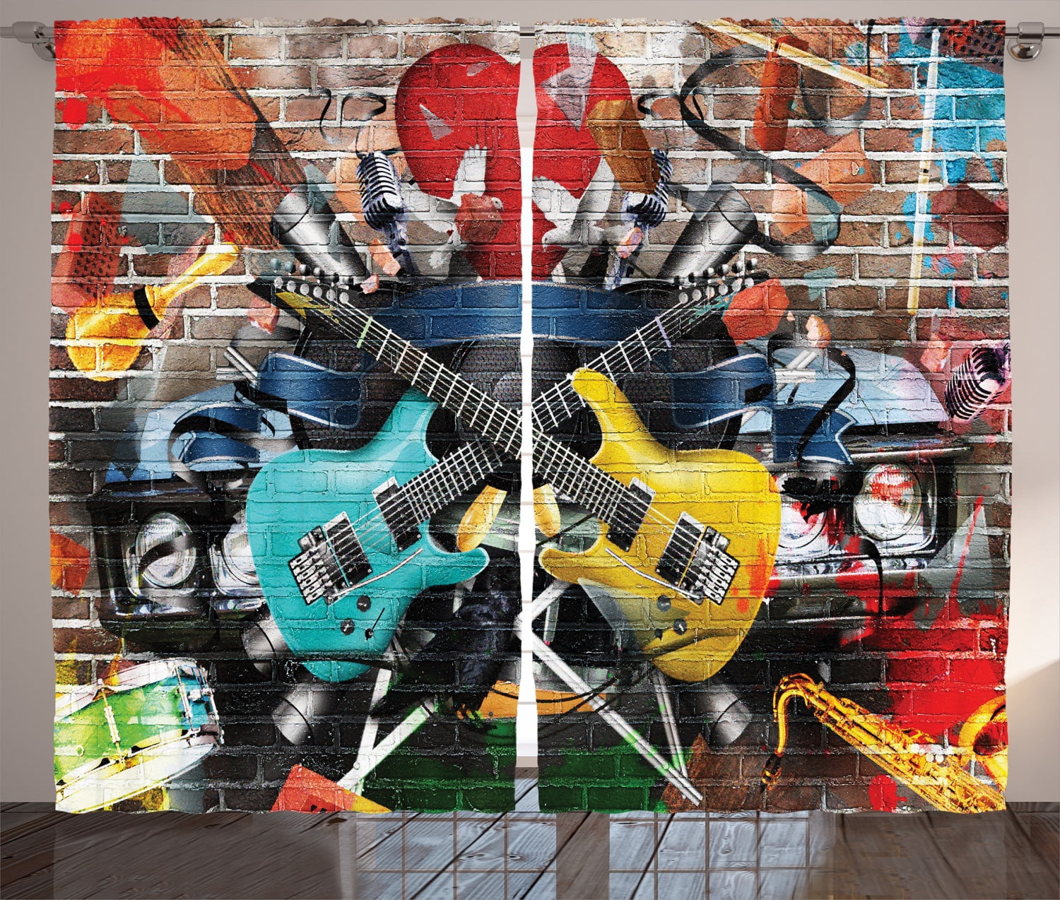 Colorful Musical Instruments Collage Polyester Kids Curtain Panel Pair