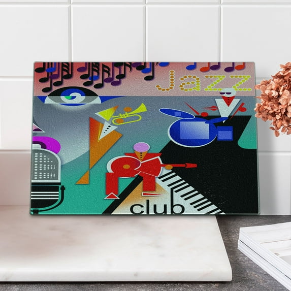 Music Cutting Board, Band of Stick Performing on an Abstract Piano Jazz Club with Notes Background, Decorative Tempered Glass Cutting and Serving Board, Small Size, Multicolor, by Ambesonne