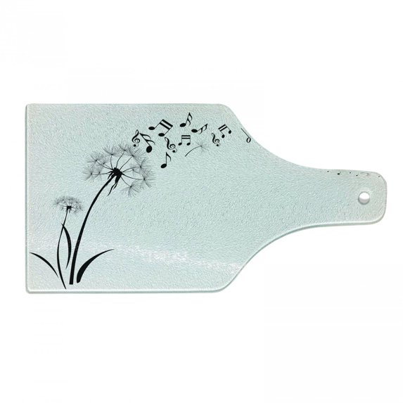 Music Cutting Board, Flying Dandelions Notes Summer Spring Meadow Silhouette Softness Simple Print, Decorative Tempered Glass Cutting and Serving Board, Wine Bottle Shape, Black White, by Ambesonne
