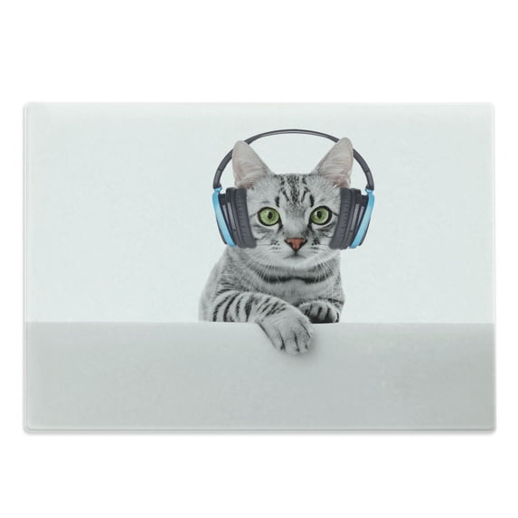 Music Cutting Board, Funny Short Hair Cat Listening to Headphones Kitten Animal Art Print, Decorative Tempered Glass Cutting and Serving Board, Large Size, Grey White, by Ambesonne