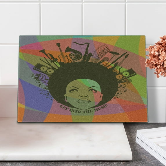 Music Cutting Board, Illustration of American Young Woman Portrait with Musical Instruments Print, Decorative Tempered Glass Cutting and Serving Board, Small Size, Multicolor, by Ambesonne
