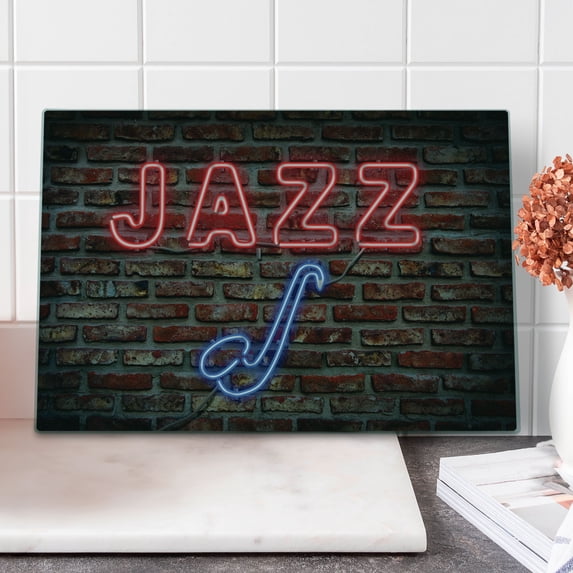 Music Cutting Board, Image of Alluring Neon All Jazz Sign Saxophone Instrument on Brick Wall Print, Decorative Tempered Glass Cutting and Serving Board, Large Size, Red Blue, by Ambesonne