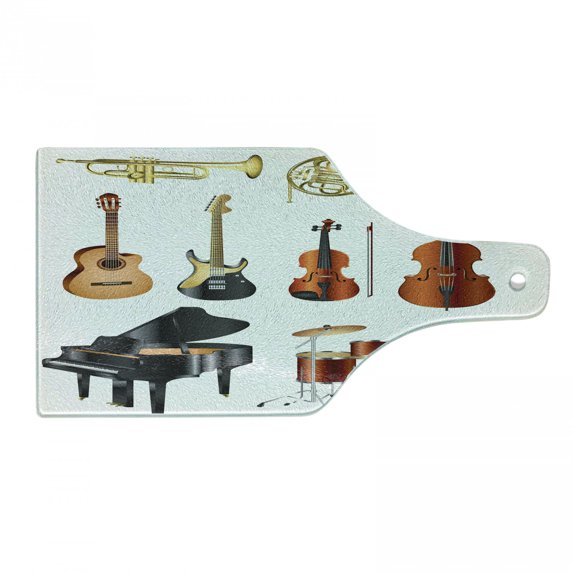 Music Cutting Board, Musical Instruments Symphony Orchestra Concert Composition Theme Colorful Pattern, Tempered Glass Cutting and Serving Board, Wine Bottle Shape, Multicolor, by Ambesonne