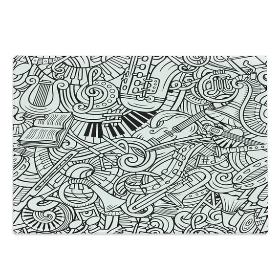 Music Cutting Board, Outline Monochromatic Doodle in Chaotic Design with Musical Themed Elements, Decorative Tempered Glass Cutting and Serving Board, in 3 Sizes, by Ambesonne