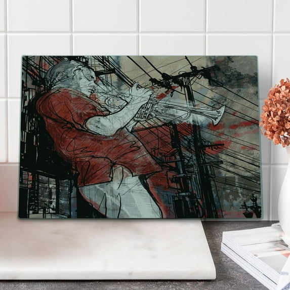 Music Cutting Board, Trumpet Musician on Grunge Cityscape Background in the Night Boho Art Print, Decorative Tempered Glass Cutting and Serving Board, Large Size, Red Black White, by Ambesonne