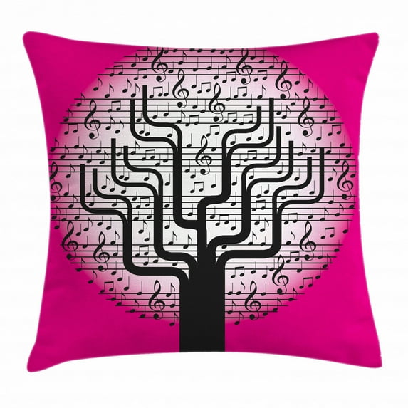Music Decor Throw Pillow Cushion Cover, Music Tree with Symbols Artistic Nature Harmony Rhythm Illustration, Decorative Square Accent Pillow Case, 20 X 20 Inches, Hot Pink Black White, by Ambesonne