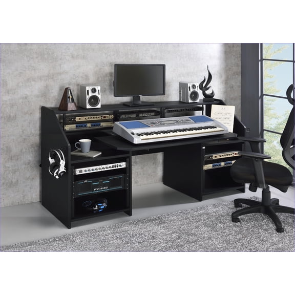 Music Desk with Earphone Rack, 71 Wide 6 Adjustable Shelves Storage, Black Metal & MDF | Black | Wood+Metal