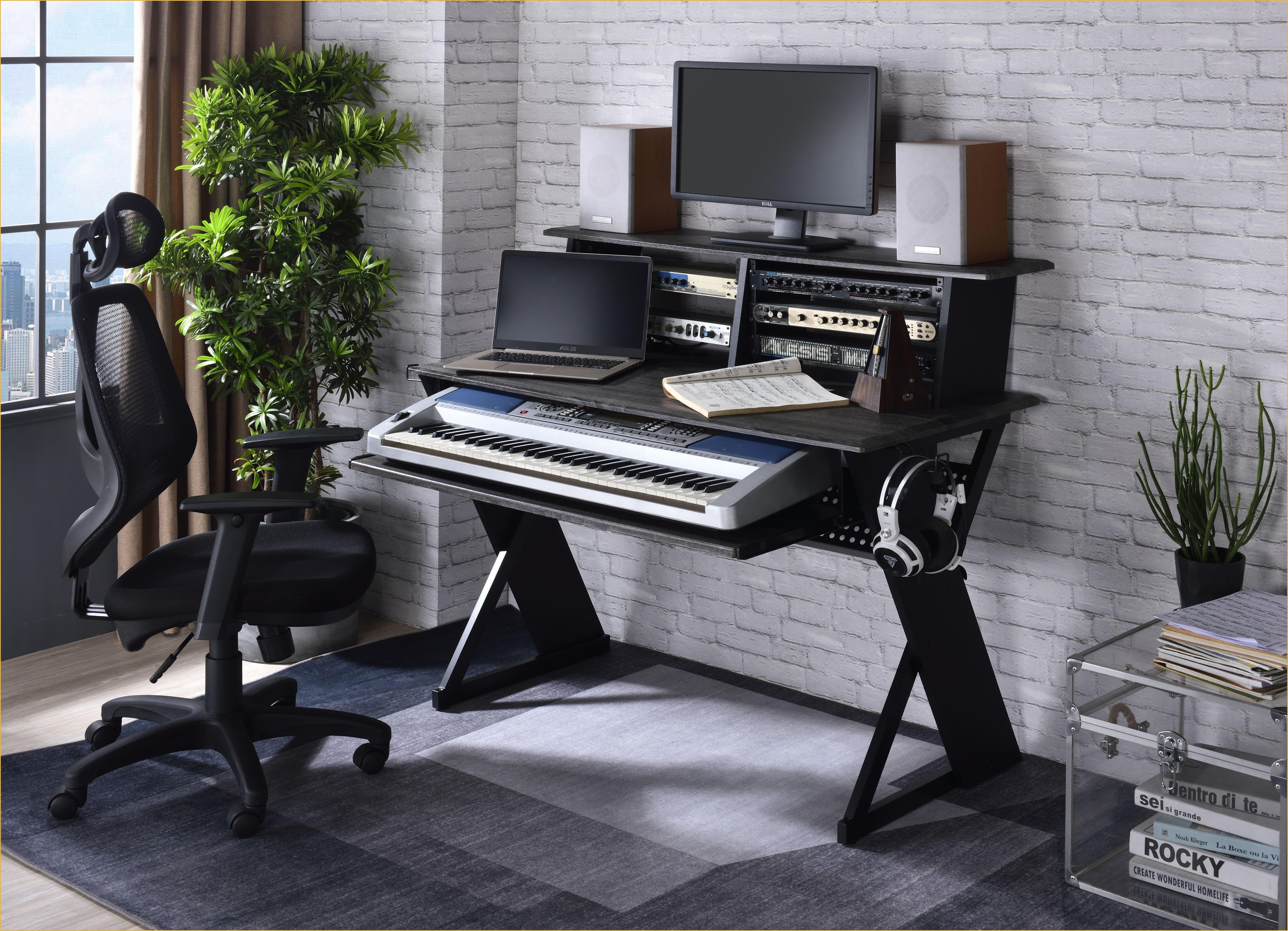 Music Desks Modern Black with Keyboard Tray, Storage Shelf & Cord Management | Black | Synthetic Wood