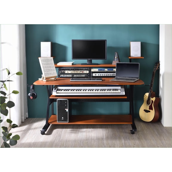 Music Desks, Modern Cherry & Black Finish with Keyboard Tray & Cable Management | Synthetic Wood | Cherry