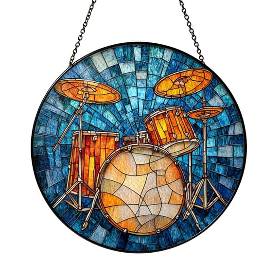 Music Drum Set Glass Suncatcher Window Decor, Instrument Theme Hanging Ornament, Gift for Music Enthusiasts