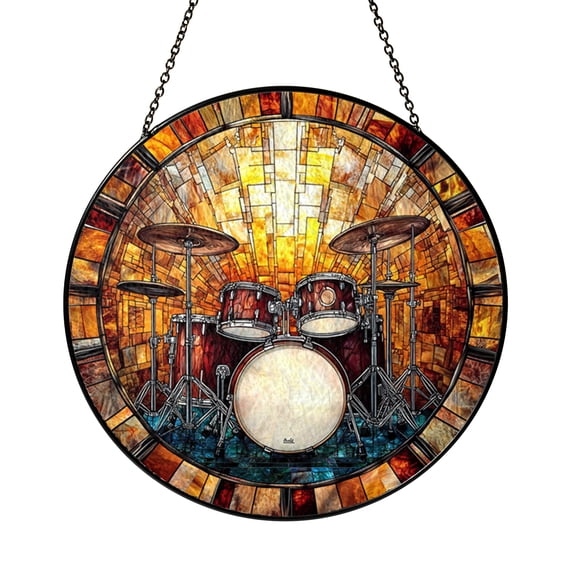 Music Drum Set Stained Glass Window Art Percussion Instrument Suncatcher with Detailed Drum Components Ideal for Studio Room Practice Space Home Window Decor