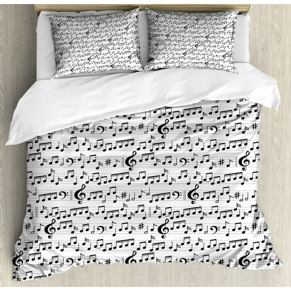 Music Duvet Cover Set, Abstract Style Professional Pattern Notes and Clef Sheet Play Writing Print, Decorative 3 Piece Bedding Set with 2 Pillow Shams, Queen Size, Black White, by Ambesonne