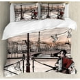 thumbnail image 1 of Music Duvet Cover Set, Accordionist Playing Paris Street Urban European Famous City Panorama Graphic Scene, Decorative 3 Piece Bedding Set with 2 Pillow Shams, Calking Size, Peach Brown, by Ambesonne, 1 of 3