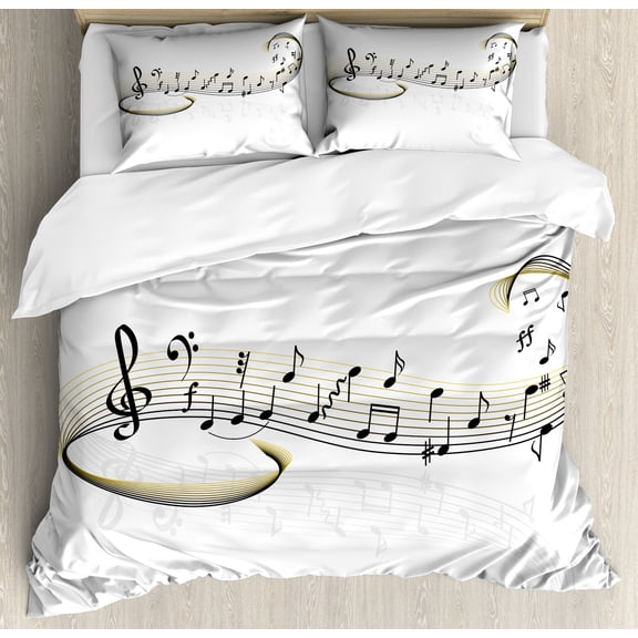 Music Duvet Cover Set, Bass Abstract Treble Chef Notes of Musical Art on Plain Backdrop Pattern, Decorative 3 Piece Bedding Set with 2 Pillow Shams, Queen Size, White Khaki Dark Brown, by Ambesonne