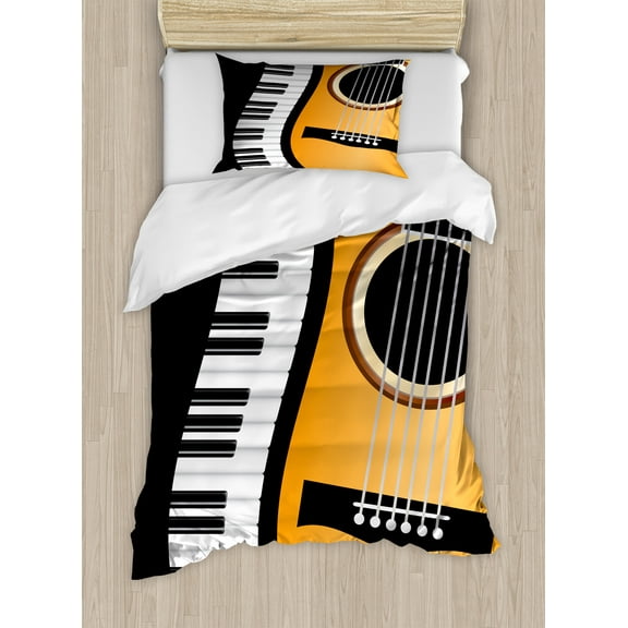 Music Duvet Cover Set, Conceptual Piano Keyboard Wave and an Acoustic Guitar Composition, Decorative 2 Piece Bedding Set with 1 Pillow Shams, Twin Size, Charcoal Grey Orange, by Ambesonne