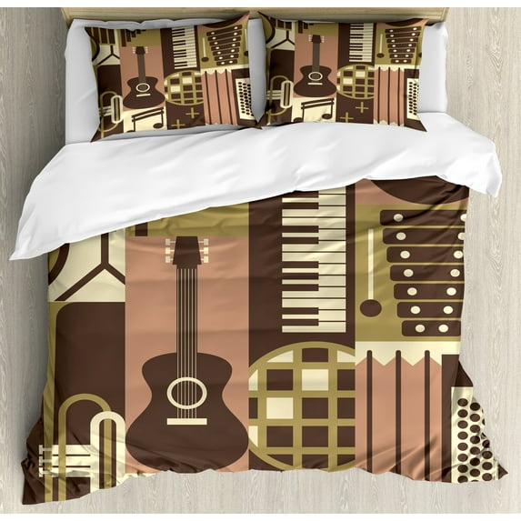 Music Duvet Cover Set, Creative Graphic of Vintage Musical Instruments Guitar Piano Drums, Decorative 3 Piece Bedding Set with 2 Pillow Shams, Queen Size, Taupe Khaki, by Ambesonne