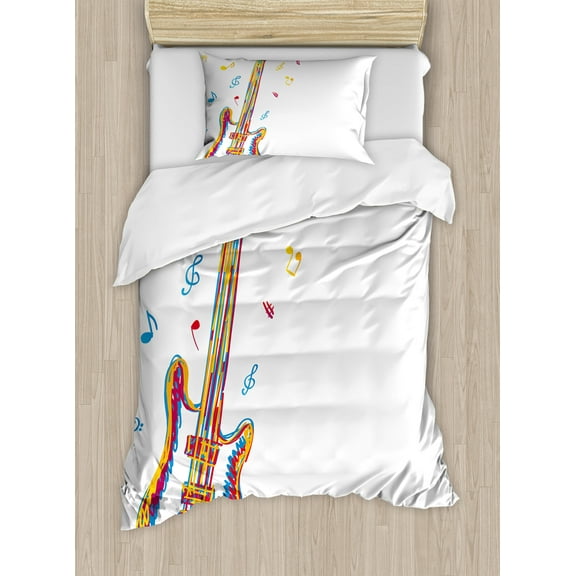 Music Duvet Cover Set, Doodle Style Illustration of Guitar Instrument with Musical Notes Hand Drawn Art, Decorative 2 Piece Bedding Set with 1 Pillow Shams, Twin Size, Blue Red Yellow, by Ambesonne