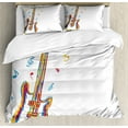 thumbnail image 1 of Music Duvet Cover Set, Doodle Style Illustration of Guitar Instrument with Musical Notes Hand Drawn Art, Decorative 3 Piece Bedding Set with 2 Pillow Shams, Queen Size, Blue Red Yellow, by Ambesonne, 1 of 3
