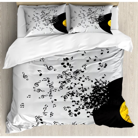 Music Duvet Cover Set, Flying Music Notes Abstract Design Disc Album Dancing Nightclub Print, Decorative 3 Piece Bedding Set with 2 Pillow Shams, Queen Size, Yellow Black Ivory, by Ambesonne
