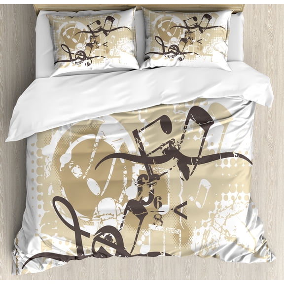 Music Duvet Cover Set, Grunge Style Motifs on Plain Backdrop Illustration Neutral Tones Print, Decorative 3 Piece Bedding Set with 2 Pillow Shams, King Size, White Seal Brown, by Ambesonne