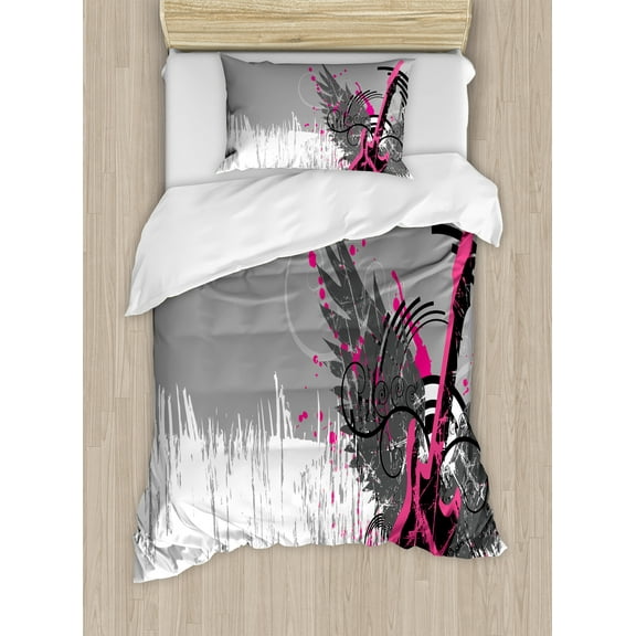 Music Duvet Cover Set, Guitar and Wings in Sketchy Grunge Background Emo Rock Trippy Illustration, Decorative 2 Piece Bedding Set with 1 Pillow Shams, Twin Size, Dimgrey Hot Pink, by Ambesonne