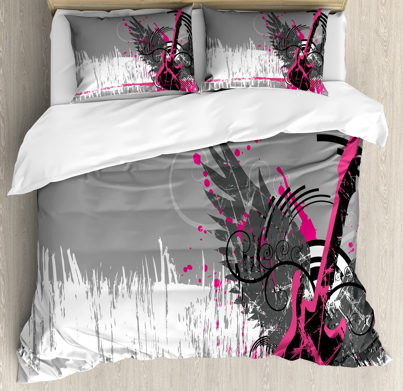 Queen Dimgrey Hot Pink Guitar and Wings Duvet Cover Set