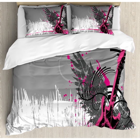 Music Duvet Cover Set, Guitar and Wings in Sketchy Grunge Background Emo Rock Trippy Illustration, Decorative 3 Piece Bedding Set with 2 Pillow Shams, Queen Size, Dimgrey Hot Pink, by Ambesonne