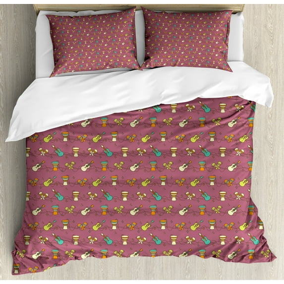 Music Duvet Cover Set, Horizontally Designed Ethnic Musical Elements Drums Guitar Maraca, Decorative 3 Piece Bedding Set with 2 Pillow Shams, Queen Size, Dried Rose and Multicolor, by Ambesonne