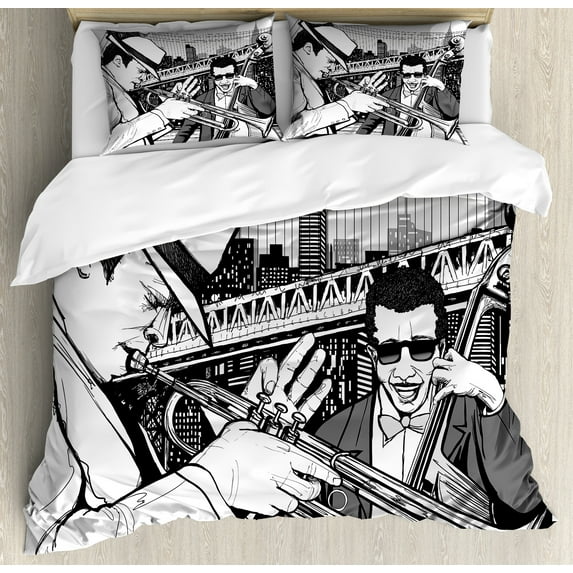 Music Duvet Cover Set, Illustration of Jazz Band Playing the Blues in New York in Moonlight Retro Design, Decorative 3 Piece Bedding Set with 2 Pillow Shams, King Size, Black White, by Ambesonne