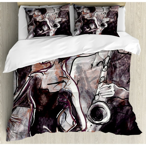 Music Duvet Cover Set, Illustration of Jazz Man Playing the Saxophone with Dancers Classic Design, Decorative 3 Piece Bedding Set with 2 Pillow Shams, Calking Size, Pink Black White, by Ambesonne